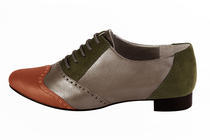 French elegance and refinement for these terracotta orange, bronze gold and khaki green fashion lace-up shoes, 
                available in many subtle leather and colour combinations. This pretty flat lace-up model will enhance your most basic outfits.
To be personalised or not with your own colours and materials.  
                Matching clutches for parties, ceremonies and weddings.   
                You can customize these lace-up shoes to perfectly match your tastes or needs, and have a unique model.  
                Choice of leathers, colours, knots and heels. 
                Wide range of materials and shades carefully chosen.  
                Rich collection of flat, low, mid and high heels.  
                Small and large shoe sizes - Florence KOOIJMAN